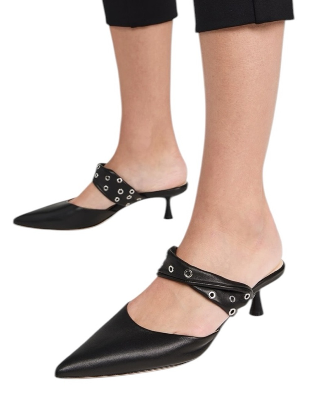 L’AGENCE Chloe II Mule Heels – Black Leather, Size 6 , Silver Grommet Straps